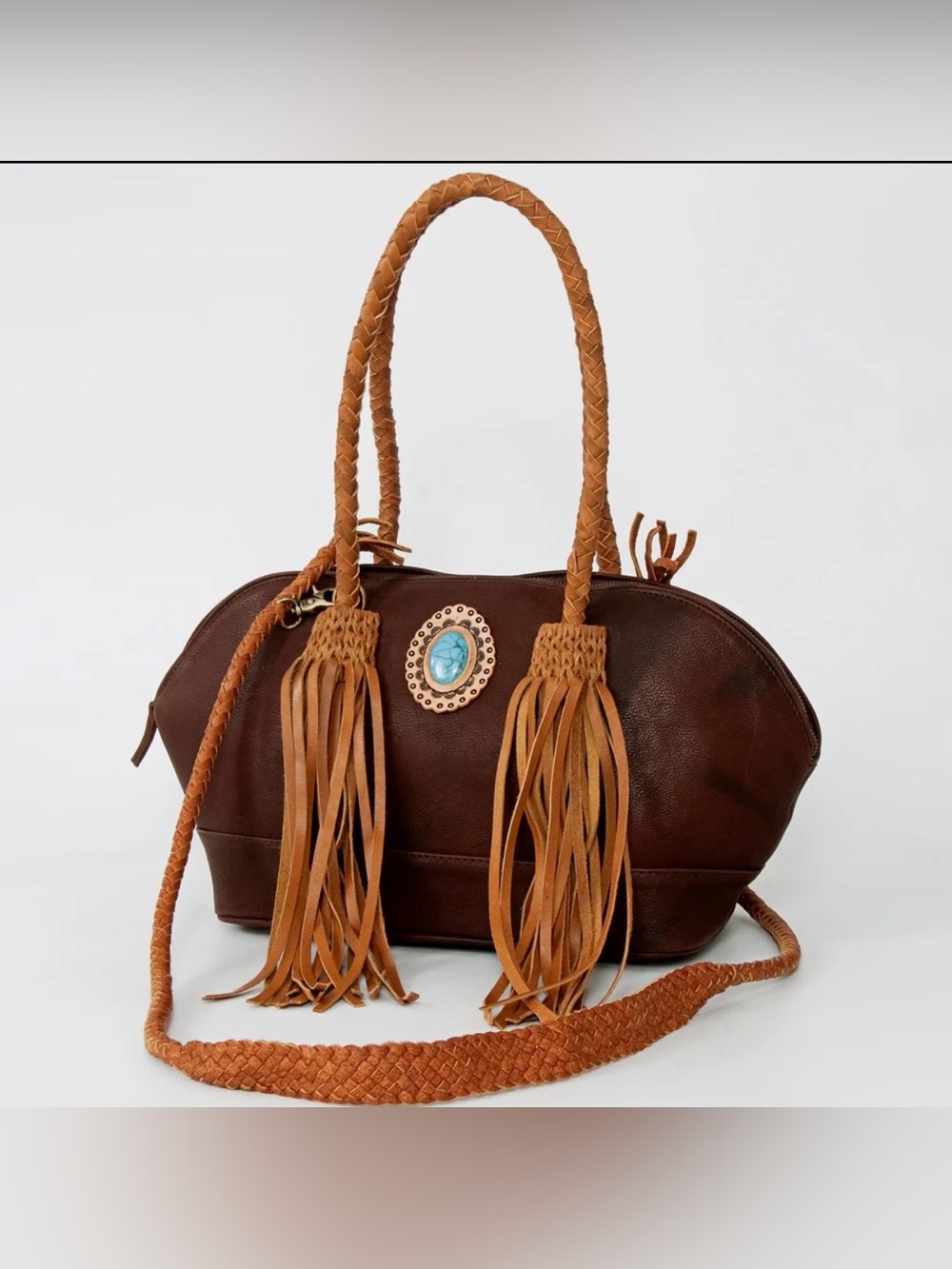 Western Bah Brown Leather Tassel Satchel with Turquoise Accent